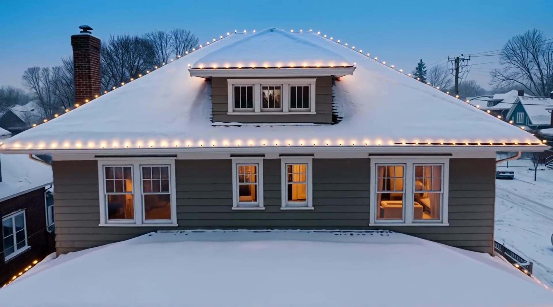 Close on the snowy front roof of the house, its roofline lit in warm white bulbs
