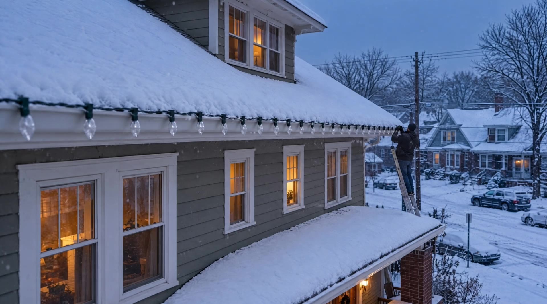At dusk, an installer on a ladder clips a strand of unlit bulbs along the gutter