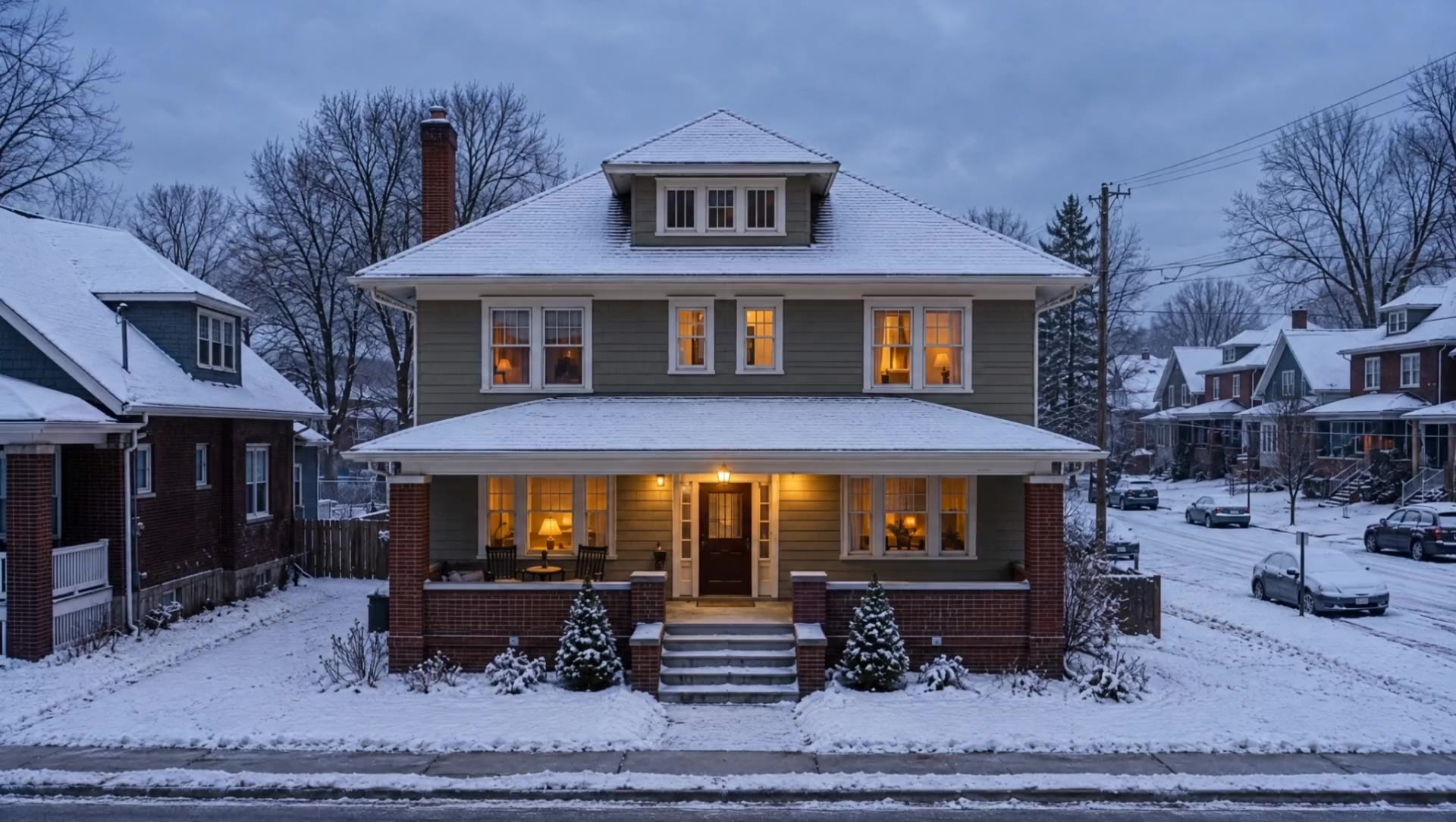 The house at dusk in late fall, its roofline still bare