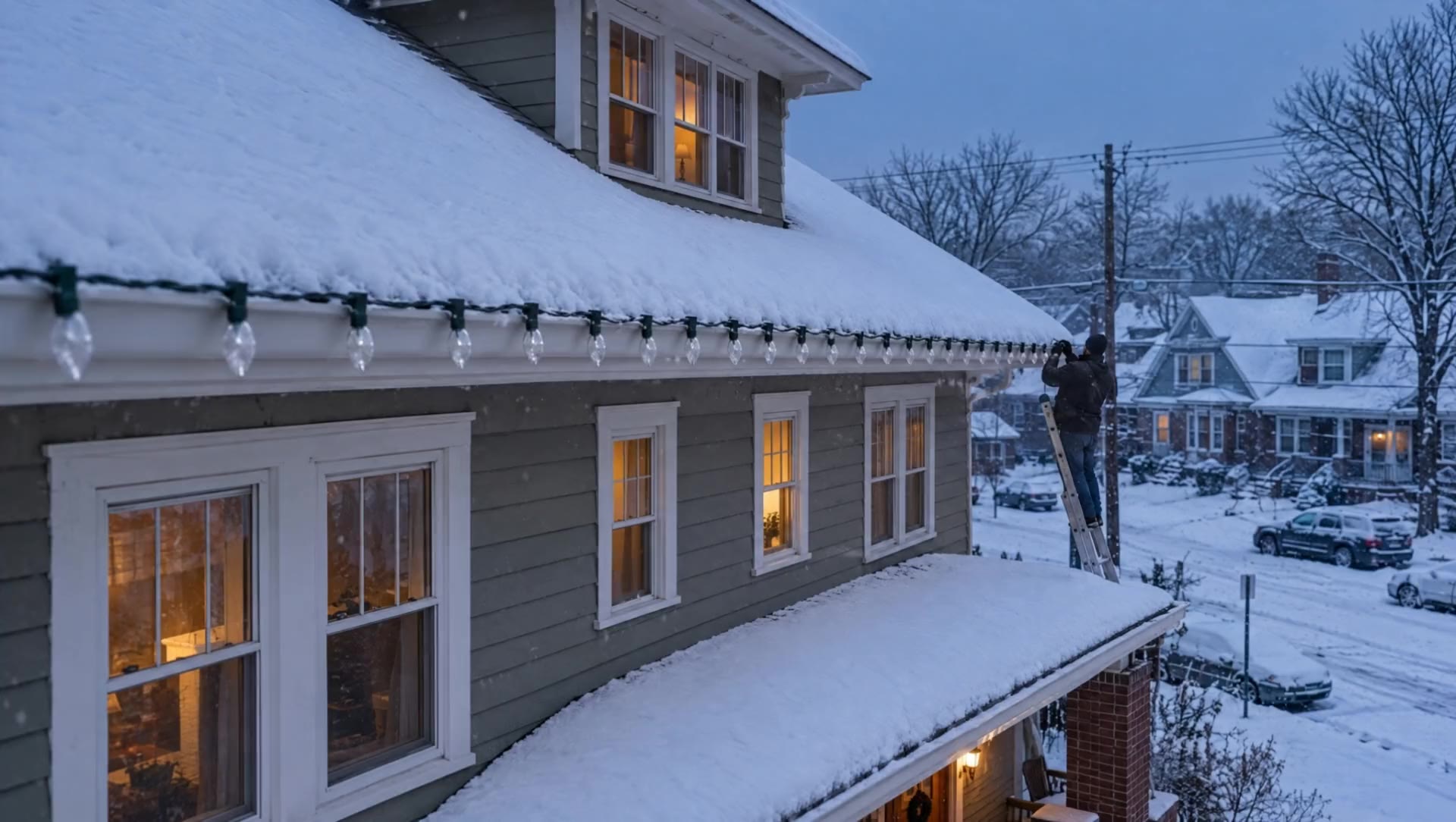 An installer on a ladder clipping bulbs along the gutter at dusk
