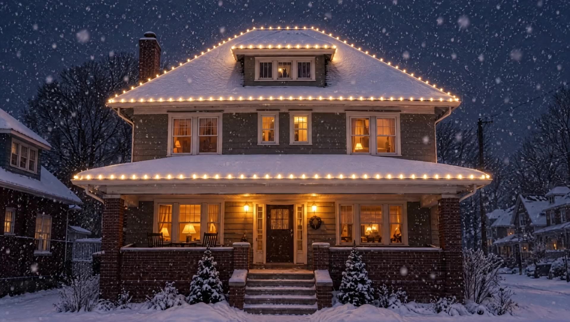 The house at night in falling snow, its roofline glowing warm