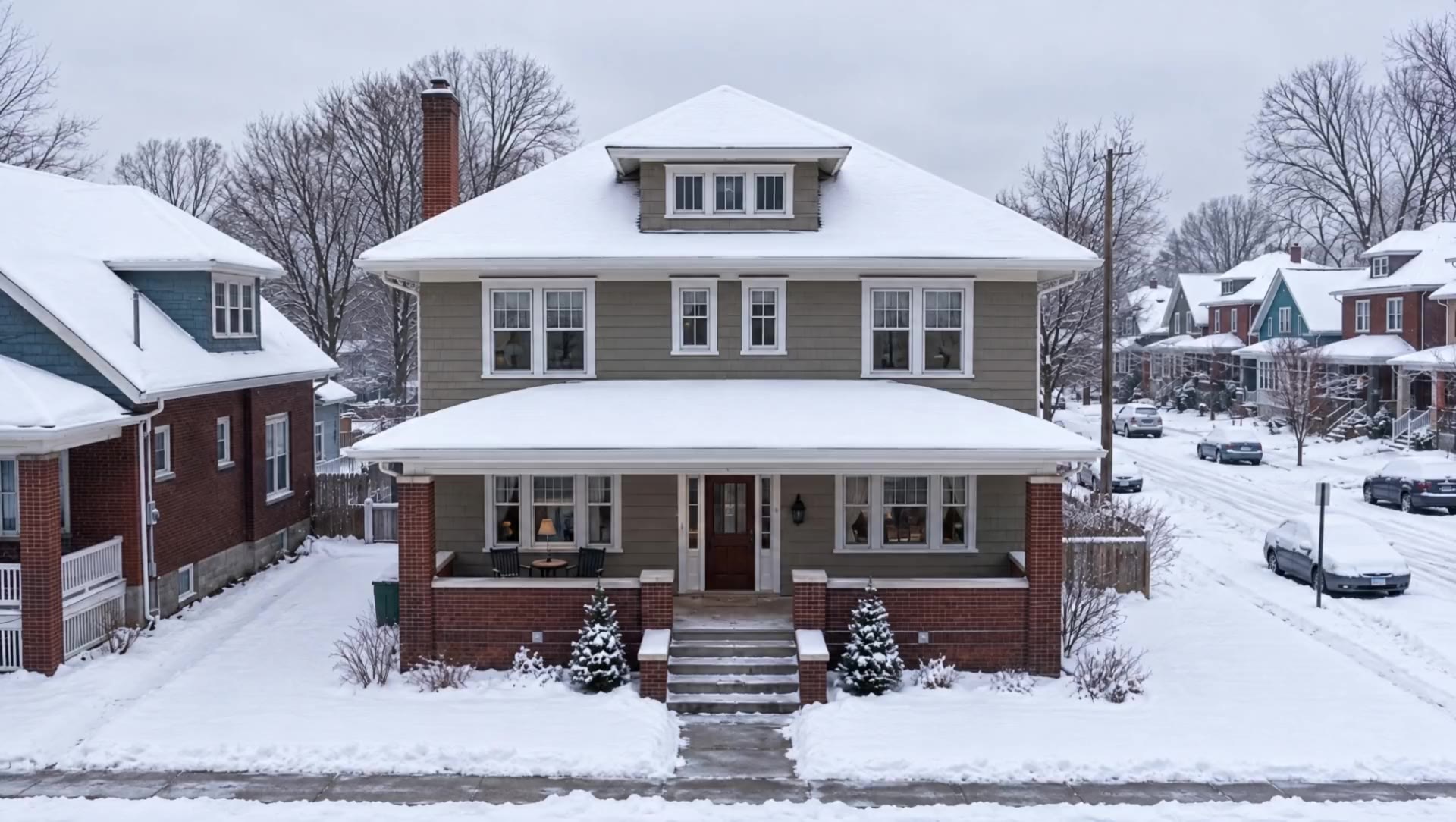The house on a quiet January morning, its roofline bare under fresh snow